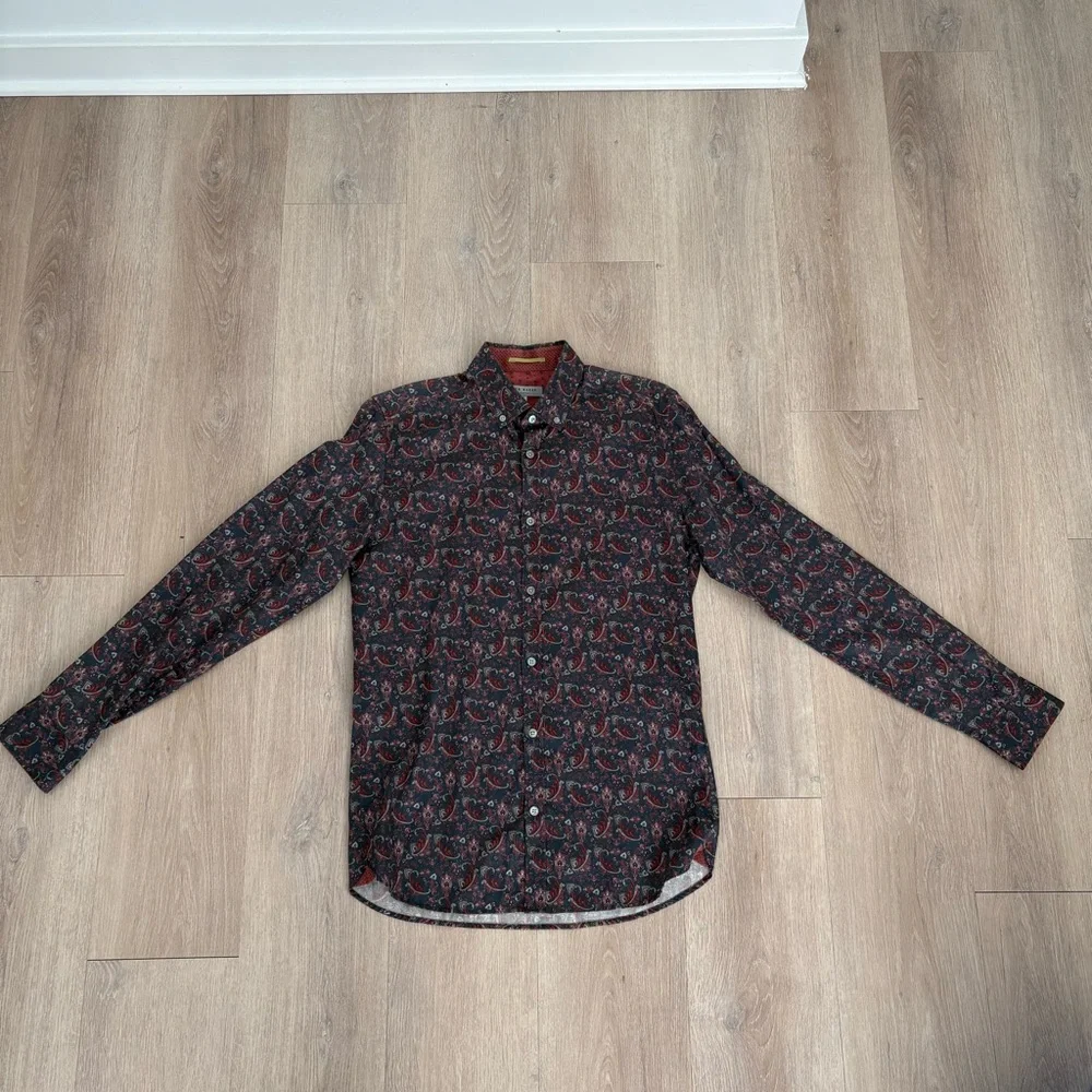 Ted Baker Mens Paisley Long Sleeve Shirt Size 2 36 Small Navy Blue Burgundy - Picture 3 of 13